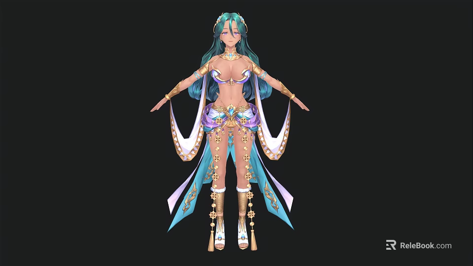 Fantasy Woman In Elaborate Outfit With Green Long Hair And Golden Accents 3d model 