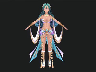 Fantasy Woman In Elaborate Outfit With Green Long Hair And Golden Accents 3d model