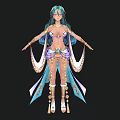 Fantasy Woman In Elaborate Outfit With Green Long Hair And Golden Accents