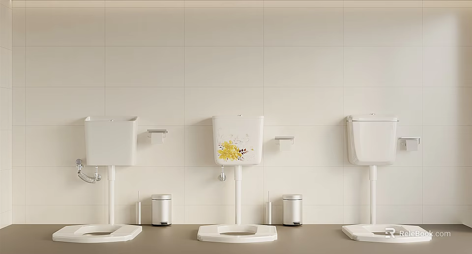 Three Toilets With Light Tiled Wall Yellow Floral Pattern Middle Tank And Small Trash Bins 3d model 