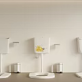 Three Toilets With Light Tiled Wall Yellow Floral Pattern Middle Tank And Small Trash Bins