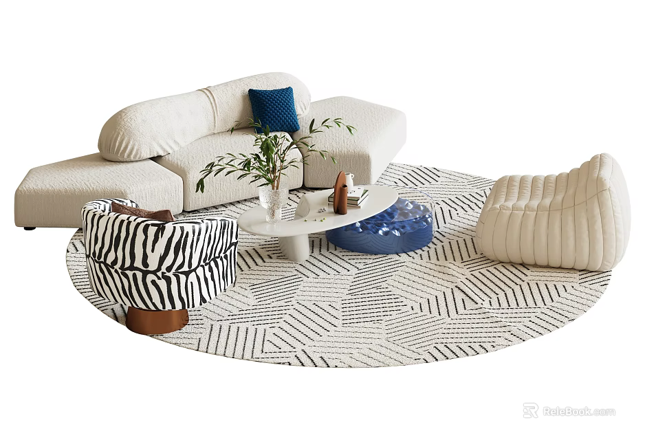 Modern Living Room Sofa And Coffee Table Set With Zebra Chair Blue Ottoman Geometric Rug 3d model 