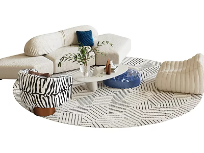 Modern Living Room Sofa And Coffee Table Set With Zebra Chair Blue Ottoman Geometric Rug 3d model