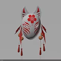 White Fox Mask With Red Cherry Blossom Pattern Red Feathers And Bells 3d model