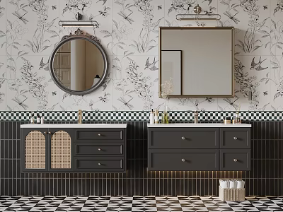 Elegant Bathroom With Double Vanities Rattan Details And Floral Bird Wallpaper 3d model