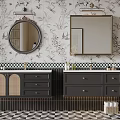 Elegant Bathroom With Double Vanities Rattan Details And Floral Bird Wallpaper