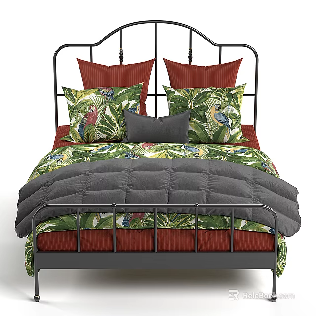Background Double Bed With Metal Headboard Tropical Print Pillows And Gray Comforter 3d model 