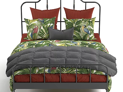 Background Double Bed With Metal Headboard Tropical Print Pillows And Gray Comforter 3d model