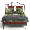 Background Double Bed With Metal Headboard Tropical Print Pillows And Gray Comforter