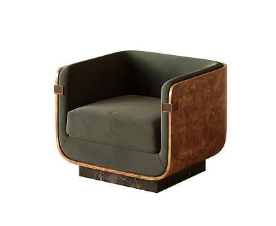 Modern Single Sofa With Green Fabric Cushion Brown Wooden Armrests And Marble Base 3d model