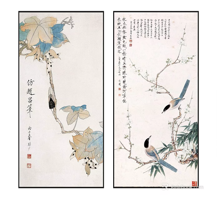 Traditional Chinese Flower and Bird Scroll Paintings With Birds Plum Blossoms Leaves and Calligraphy 3d model 
