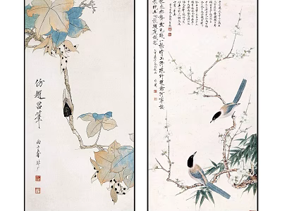 Traditional Chinese Flower and Bird Scroll Paintings With Birds Plum Blossoms Leaves and Calligraphy 3d model