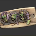 Three Fresh Tacos on Wooden Platter with Vegetables Cilantro Avocado Slices and Lime Wedge