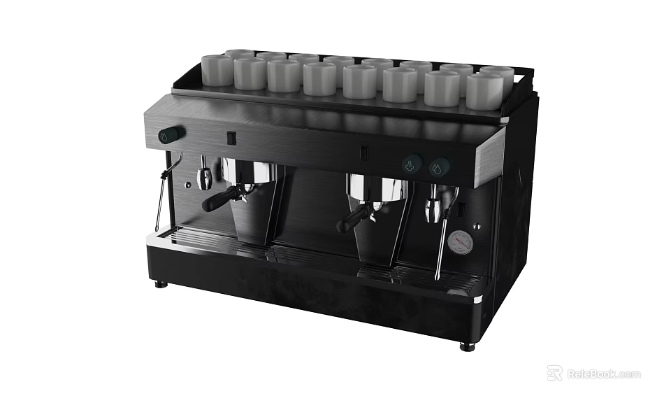Black Espresso Machine with Dual Brewing Heads Cup Holder and Pressure Gauge Kitchen Appliance 3d model 