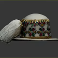 Elegant White Hat With Colorful Floral Patterns Golden Trim Sequins And Feather Accessory