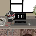 Desk Setup With Laptop Desk Lamp Books Headphones And Flower Vase On Rug