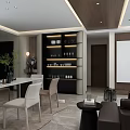 Modern Living Dining Room Interior With Open Layout Dark Leather Sofa And Wooden Shelves