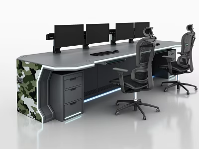 Modern Functional Desk With Multiple Monitor Mounts Ergonomic Chairs Storage Drawers And LED Lights 3d model