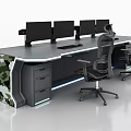 Modern Functional Desk With Multiple Monitor Mounts Ergonomic Chairs Storage Drawers And LED Lights