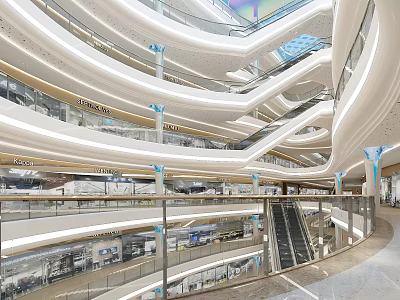 Modern Shopping Mall Interior With Curved White Ceilings Escalators And Retail Stores 3d model