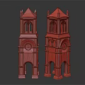 Two Classical Stone Towers With Spires Arched Doorways And Clock Details