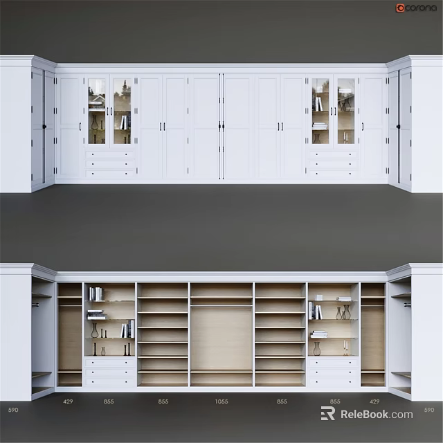 Modern White Built In Dresser With Glass Doors Drawers And Open Shelves 3d model 
