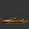 Ancient Wooden Ships Display with Hanging Decorative Elements and Oars in Formation