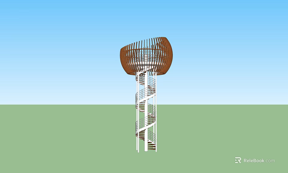 Modern Tower With Woven Brown Top And Spiral White Staircase Under Blue Sky 3d model 