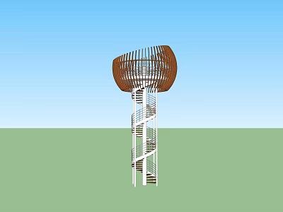 Modern Tower With Woven Brown Top And Spiral White Staircase Under Blue Sky 3d model