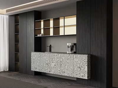 Modern Sideboard With Marble Pattern Cabinet Open Shelves And Coffee Machine 3d model