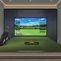 Indoor Golf Simulator Room With Green Turf Putting Mat And Golf Bag