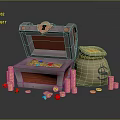 Open Treasure Chest Scene With Money Bag Gold Coins And Colorful Gemstones