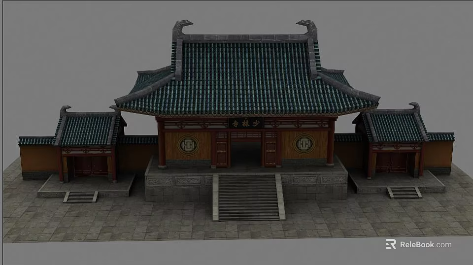 Ancient Chinese Architecture Main Hall With Green Tiled Roof Curved Eaves Wooden Doors And Stone Steps 3d model 