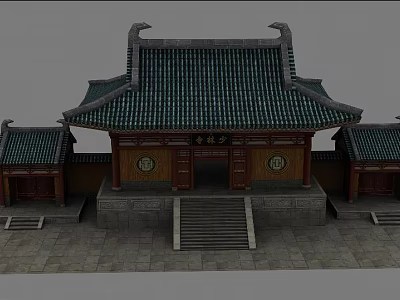 Ancient Chinese Architecture Main Hall With Green Tiled Roof Curved Eaves Wooden Doors And Stone Steps 3d model