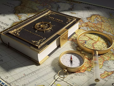 Vintage Exploring Book With Gold Decor Compass And Magnifying Glass On Map 3d model