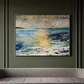 Abstract Painting Seascape With Golden Light Waves On Dark Green Wall Above Gray Sofa