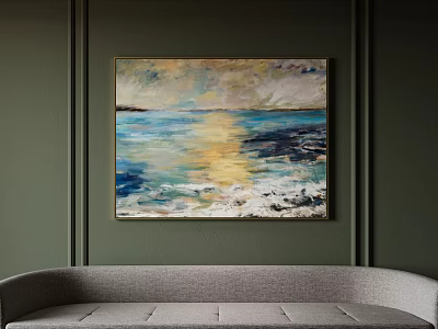 Abstract Painting Seascape With Golden Light Waves On Dark Green Wall Above Gray Sofa 3d model