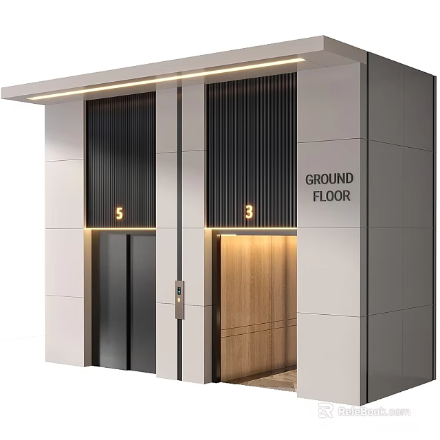Modern Hotel Elevator Lobby With Two Elevators Ground Floor Signage And Recessed Lighting 3d model 