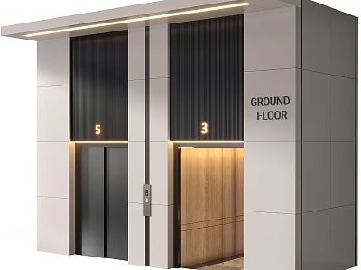 Modern Hotel Elevator Lobby With Two Elevators Ground Floor Signage And Recessed Lighting 3d model