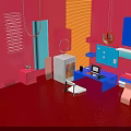 Vibrant Modern Interior Design Featuring Geometric Shapes And Computer Workspace