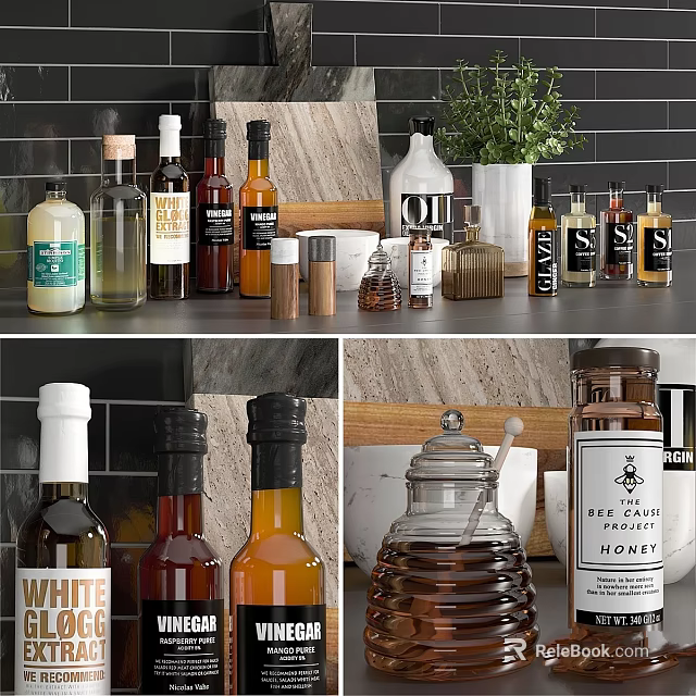 Elegant Kitchen Decorative Ornament Set With Glass Bottles Jars And Green Plant On Wooden Shelf 3d model 