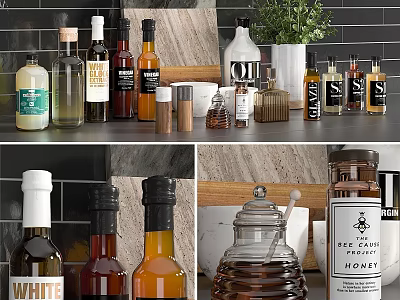 Elegant Kitchen Decorative Ornament Set With Glass Bottles Jars And Green Plant On Wooden Shelf 3d model