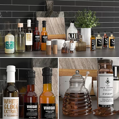 Elegant Kitchen Decorative Ornament Set With Glass Bottles Jars And Green Plant On Wooden Shelf 3d model