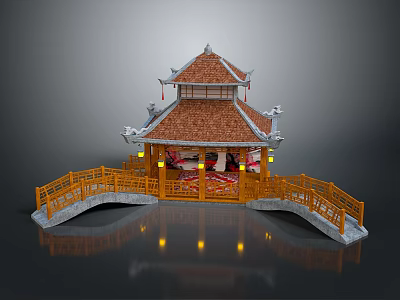 Traditional Chinese Pavilion With Double Tiered Red Tiled Roof Yellow Wooden Railings And Stone Bridge 3d model