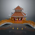 Traditional Chinese Pavilion With Double Tiered Red Tiled Roof Yellow Wooden Railings And Stone Bridge