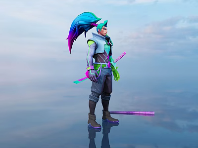 Game Character with Blue Green Gradient Hair Green Gray Outfit Purple Weapon Sky Background 3d model