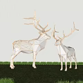 Golden Geometric Deer Shaped Art Installation on Green Grass with White Wall Background