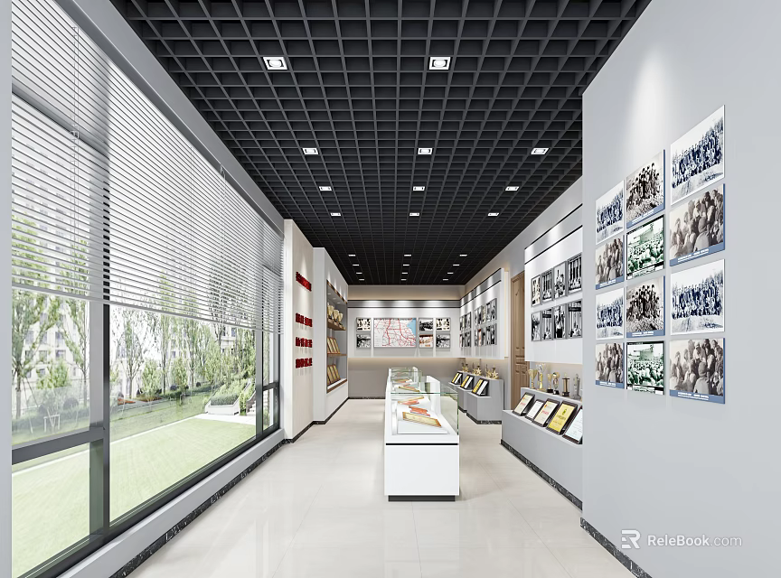 Exhibition Hall Interior Featuring Display Cases Wall Photos Large Windows and Blinds 3d model 