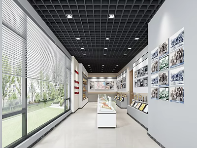 Exhibition Hall Interior Featuring Display Cases Wall Photos Large Windows and Blinds 3d model