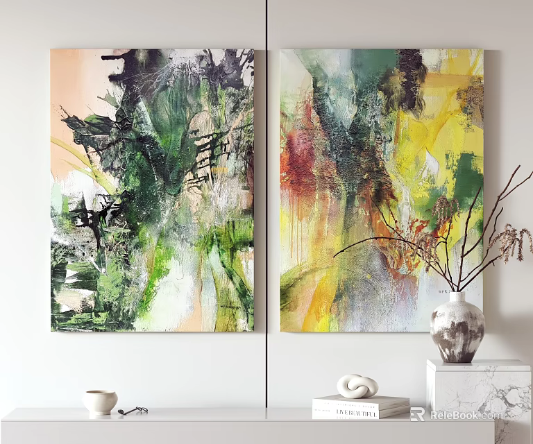Abstract Wall Art With Green Yellow Red Brushstrokes And Vase Books Cup On Shelf 3d model 